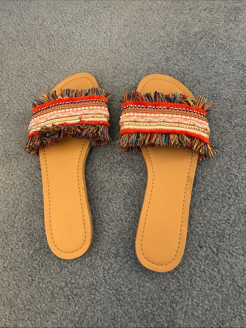 Forever 21 Multicolor Fringe Slide Sandals with Tan Footbed